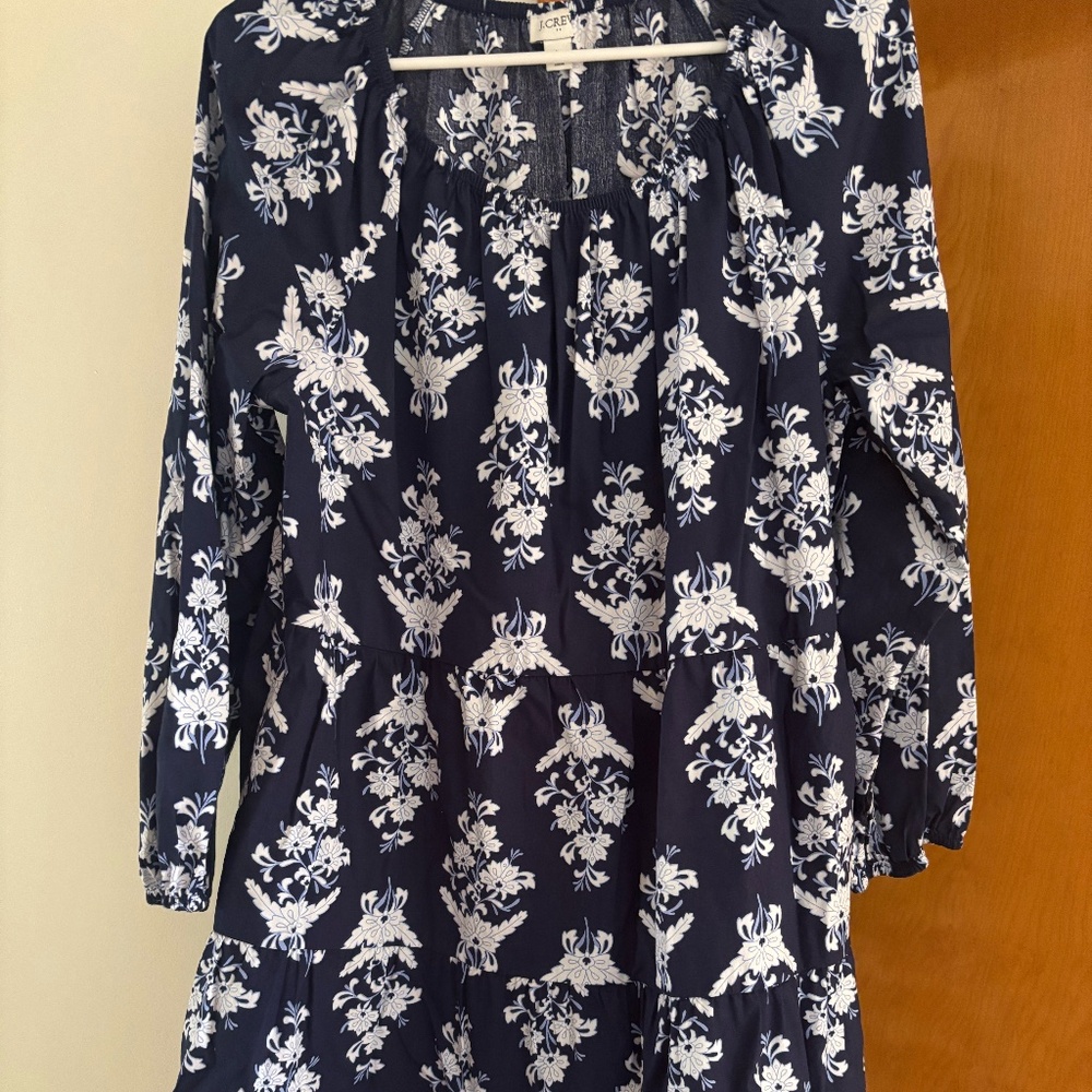 Chic J.Crew Navy & White Floral Print Long Sleeve Tiered Dress - Size Large